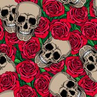 Seamless pattern with skulls and red roses