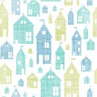 Houses blue green textile texture seamless pattern background