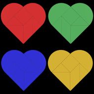 Four multi-coloured tangram hearts