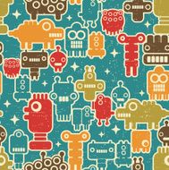Robot and monsters seamless pattern on blue