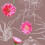 Seamless pattern with white contours plants and realistic gerberas