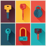 Locks and keys icons set in flat style