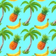 Watercolor seamless pattern with palm trees and fruits