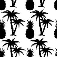 Seamless pattern with silhouettes coconut palm trees and pineapples