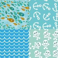 Set 4 Seamless batskground marine style Anchor Skeleton Fish Wave N2