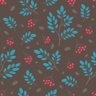 Rowan berry and branches seamless pattern on dark background