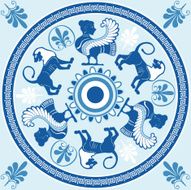 Sirens and lions Greek ornament in blue white colors