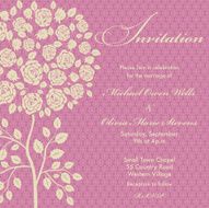 Rose Tree Wedding Invitation Antique White on Pink Background