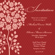 Rose Tree Wedding Invitation Pink on Red Background