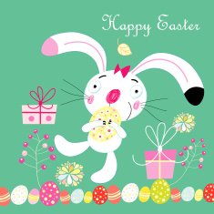 Easter bright festive card with cheerful rabbits on strips