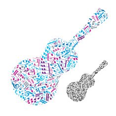 Bright vector acoustic guitar filled with musical notes decor