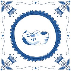Delft blue tile with a pair of cloggs