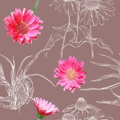 Seamless pattern with white contours plants and realistic gerberas