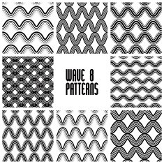 Waves black and white seamless patterns set geometric vector
