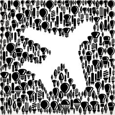 Airplane Taking Off on Vector Lightbulb Pattern Background