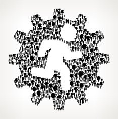 Man in Gear on Vector Lightbulb Pattern Background