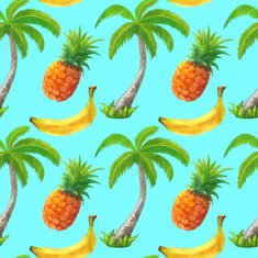 Watercolor seamless pattern with palm trees and fruits