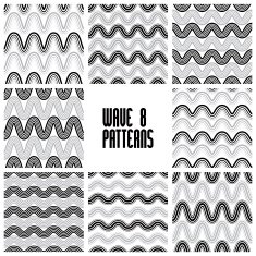 Waves black and white seamless patterns set geometric