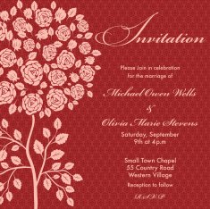 Rose Tree Wedding Invitation Pink on Red Background