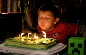 the boy blows out the candles on the cake beside toy creeper from minecraft