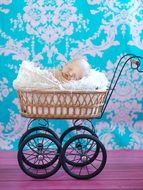 photo of baby in wicker stroller
