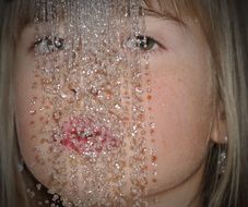 photo portrait of a girl through drops of water