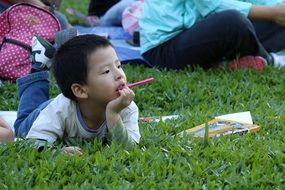 drawing boy on the green lawn