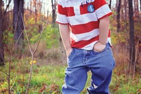 little boy is in an autumnal forest