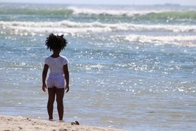 little girl is standing on the beach