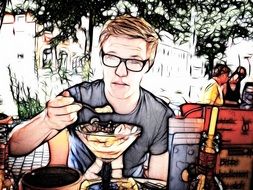 picture of the man face with glasses who eats ice cream