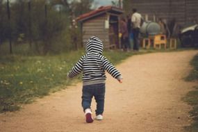 a child walks along a country road