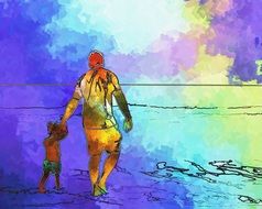 Colorful drawing of the people walking along the ocean