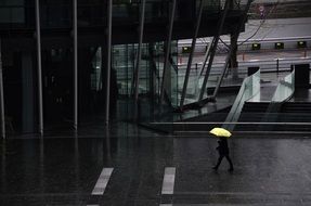 pedestrian under a yellow umbrella on a rainy day