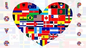 variety of world flags on the heart as a symbol of peace