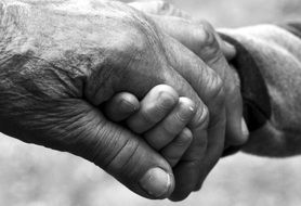 grandmother holds the child by the hand