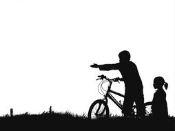 black silhouettes of active children with a bicycle