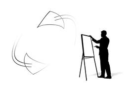 Silhouette of a man near a board and arrows