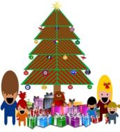 painted Christmas tree, gifts and children