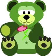 drawing of green teddy bear with pink flower