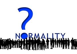 normality, lot of human silhouettes under lettering with question mark