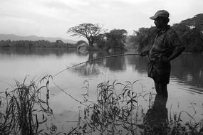 fishing in black and white