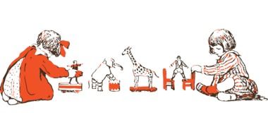 drawing of little girls playing with toys