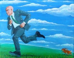 drawn hare running after a businessman
