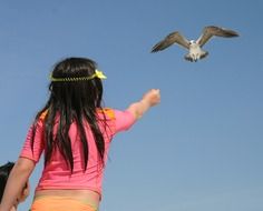 little girl pulls a hand to the bird