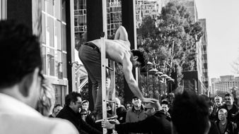 Black and white photo of the performer