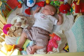 baby sleeps among toys