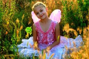 girl fairy in a pink dress with wings on a background of grass