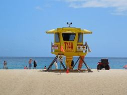 yellow lifeguard on a beach in hawaii