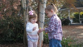 portrait of small children play near the tree