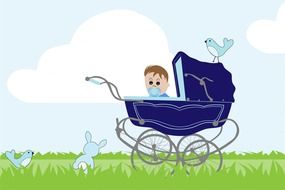 graphic image of a baby in a vintage blue stroller